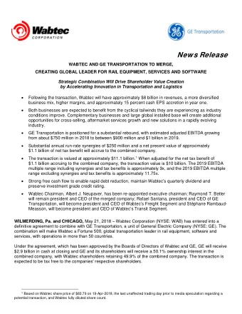 News Release  WABTEC AND GE TRANSPORTATION TO MERGE,  CREATING GLOBAL LEADER FOR RAIL EQUIPMENT,
