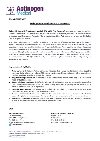 Actinogen updated investor presentation Sydney 21 March 2019: Actinogen Medical (ASX: ACW, the