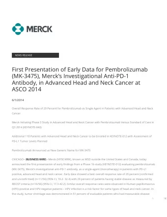 First Presentation of Early Data for Pembrolizumab  (MK-3475), Mercks Investigational Anti-PD-1