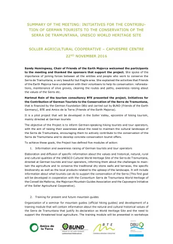 SUMMARY OF THE MEETING: INITIATIVES FOR THE CONTRIBU-  TION OF GERMAN TOURISTS TO THE CONSERVATION