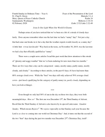 Fourth Sunday in Ordinary Time  Year A  Feast of the Presentation of the Lord  Fr. Chad S. Green