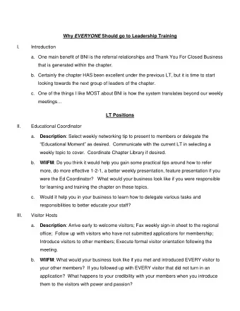 Why EVERYONE Should go to Leadership Training  I.  Introduction  a. One main benefit of BNI is the