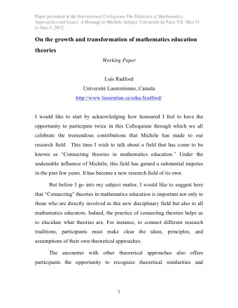 On the growth and transformation of mathematics education  theories Working Paper  Luis Radford