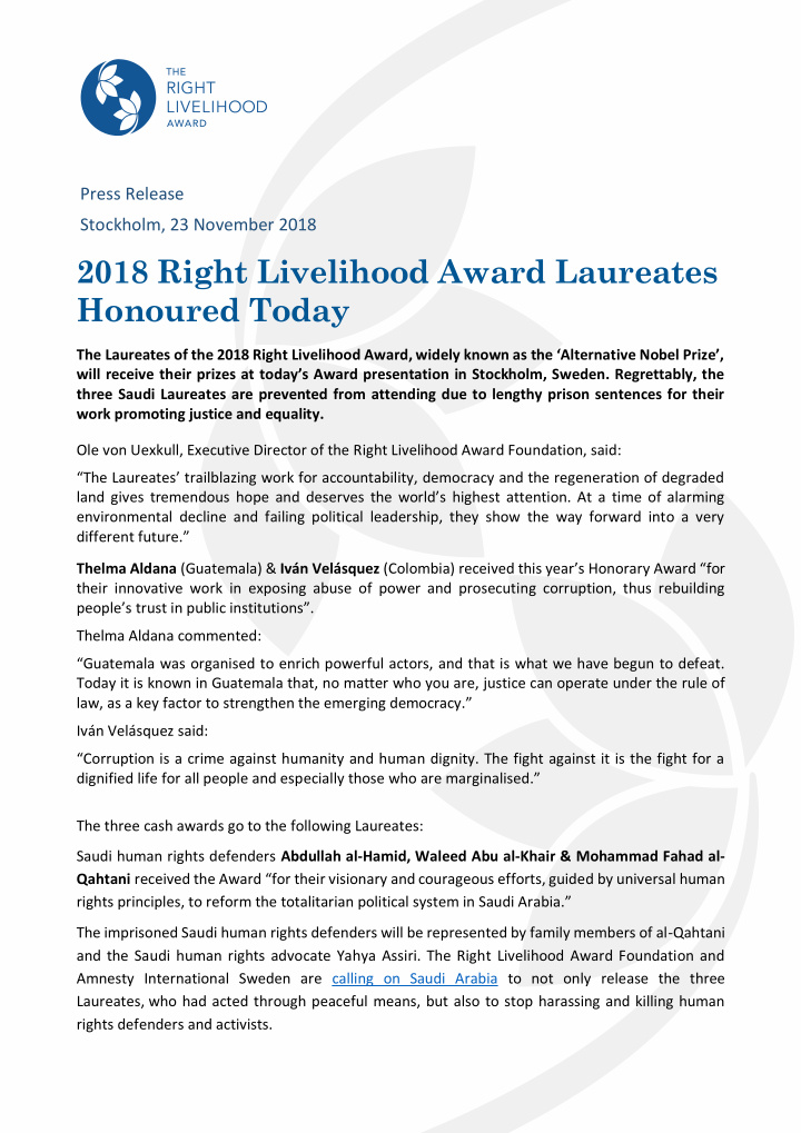 2018 right livelihood award laureates honoured today
