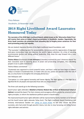 2018 Right Livelihood Award Laureates  Honoured Today  The Laureates of the 2018 Right Livelihood