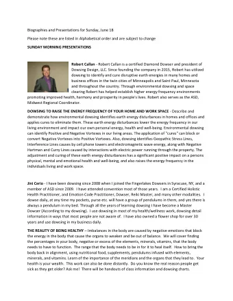 Biographies and Presentations for Sunday, June 18  Please note these are listed in Alphabetical