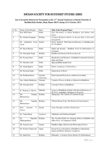 IND  NDIA  IAN SOCIE  N SOCIETY FO  TY FOR B  R BUD  UDDHIS  DHIST S  STUD  UDIES  IES (ISBS  ISBS)