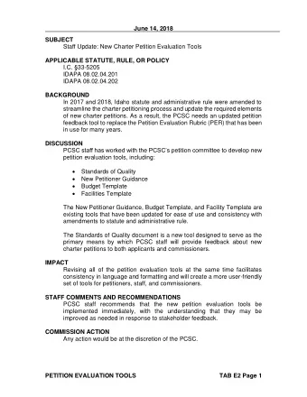 June 14, 2018  SUBJECT  Staff Update: New Charter Petition Evaluation Tools  APPLICABLE STATUTE,