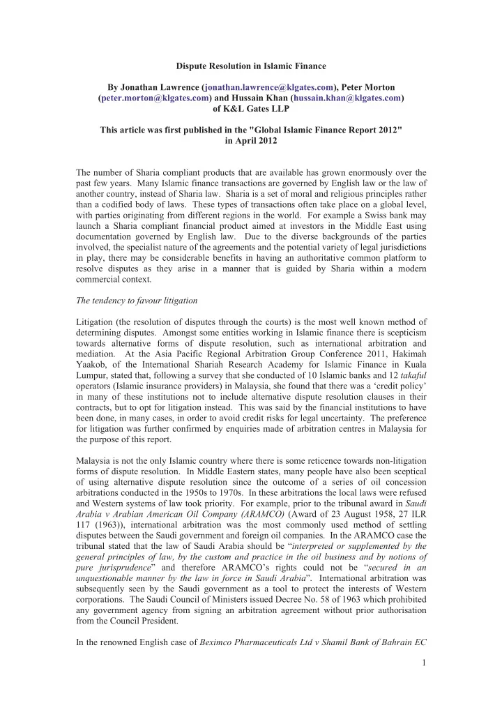 dispute resolution in islamic finance by jonathan