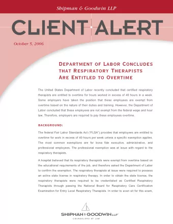 Department of Labor Concludes  that Respiratory Therapists  Are Entitled to Overtime  The United