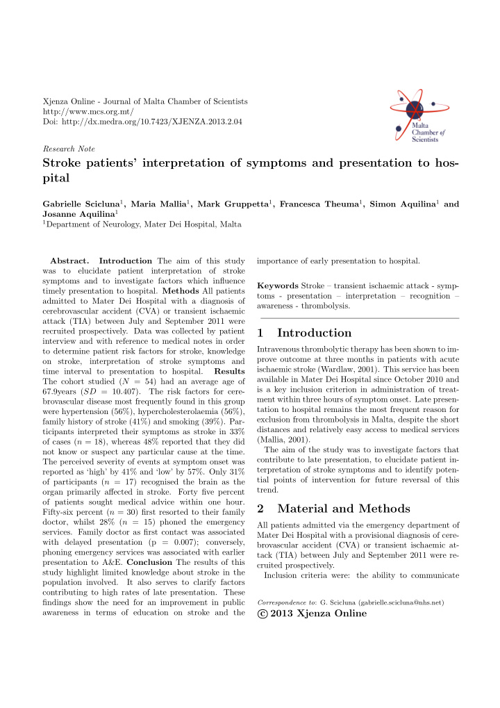 stroke patients interpretation of symptoms and