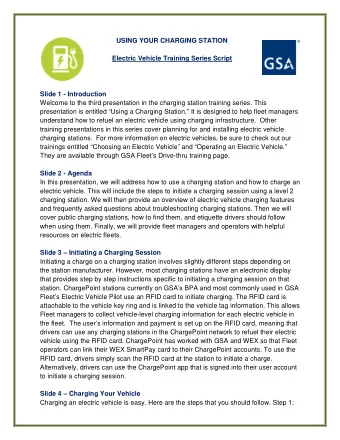 USING YOUR CHARGING STATION  Electric Vehicle Training Series Script  Slide 1 - Introduction