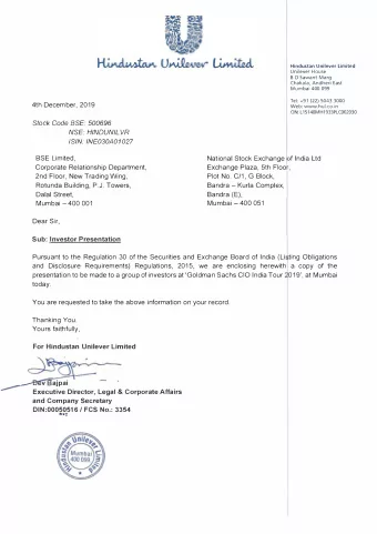 Hindustan Unilever Limited Sanjiv Mehta, Chairman &amp; Managing Director Goldman Sachs: India CIO