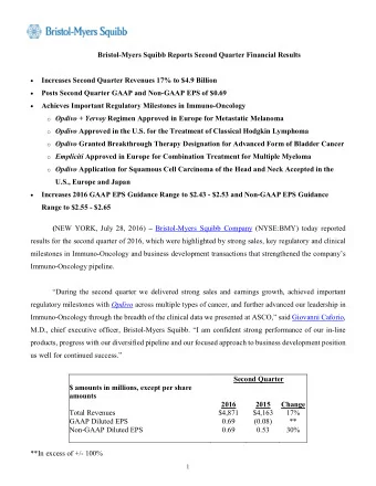 Bristol-Myers Squibb Reports Second Quarter Financial Results  Increases Second Quarter Revenues