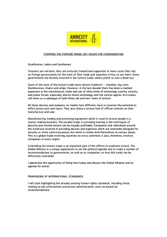 STOPPING THE TORTURE TRADE: KEY ISSUES FOR CONSIDERATION  Excellencies, Ladies and Gentlemen,