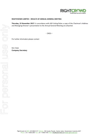 For personal use only and Managing Directors presentation to the Annual General Meeting are