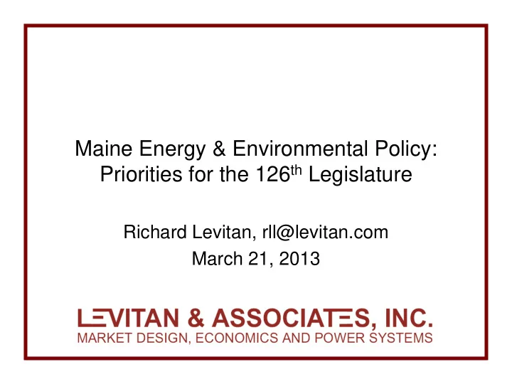 priorities for the 126 th legislature