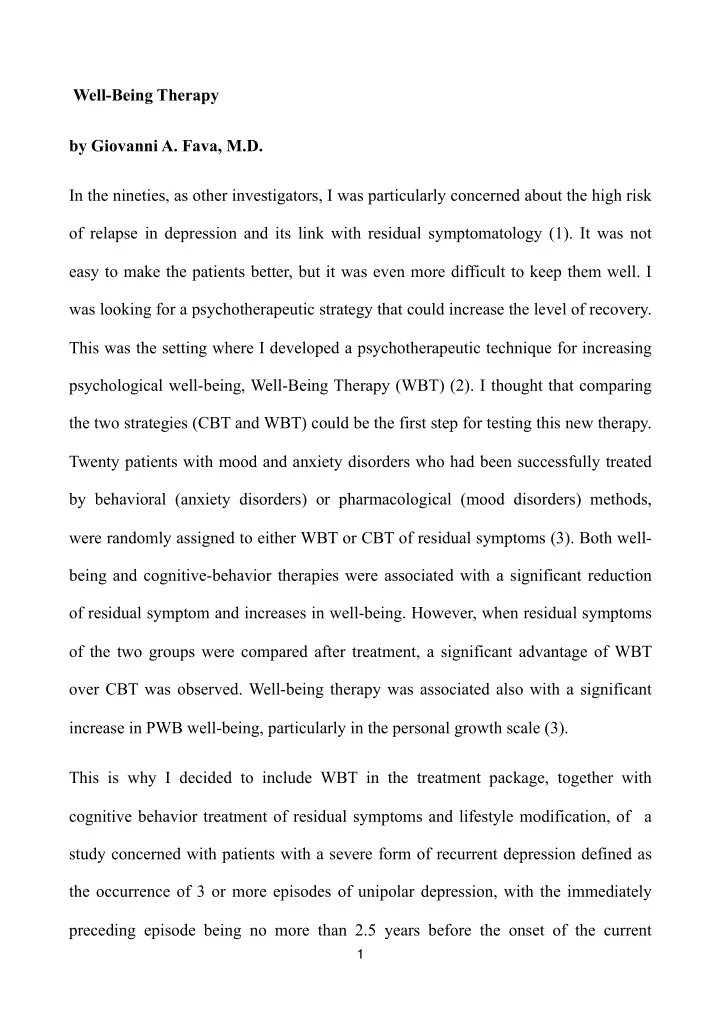well being therapy by giovanni a fava m d in the nineties