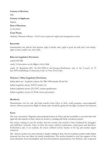 Country of Decision  Italy  Country of Applicant:  Nigeria  Date of Decision:  21/02/2019  Court