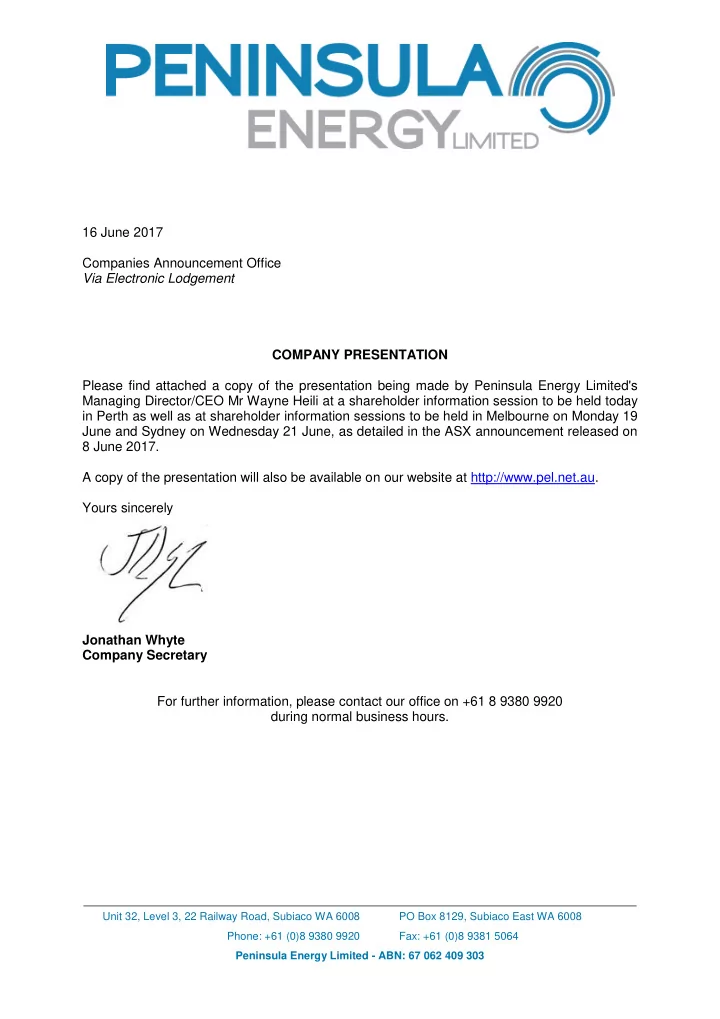 16 june 2017 companies announcement office via electronic