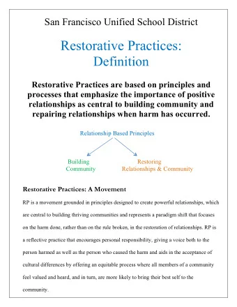 Restorative Practices:  Definition  Restorative Practices are based on principles and  processes
