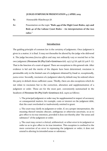 JUDGES SYMPOSIUM PRESENTATION 4-7 APRIL 2019  By:  Honourable Hlatshwayo JA  Re: Presentation on