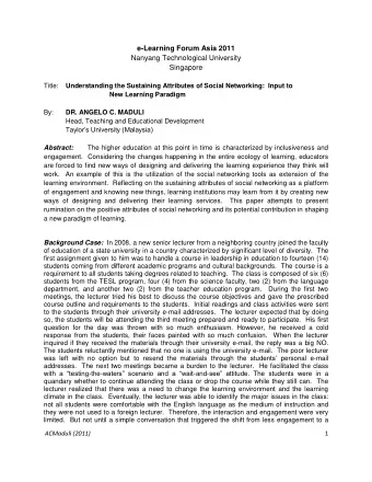 e-Learning Forum Asia 2011  Nanyang Technological University  Singapore  Title:  Understanding the