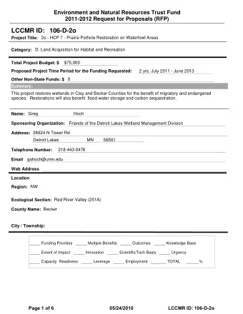 LCCMR ID: 106-D-2o  Project Title:  2o - HCP 7 - Prairie Pothole Restoration on Waterfowl Areas
