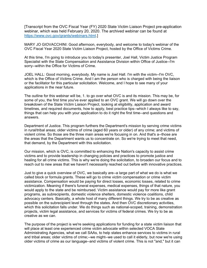 transcript from the ovc fiscal year fy 2020 state victim