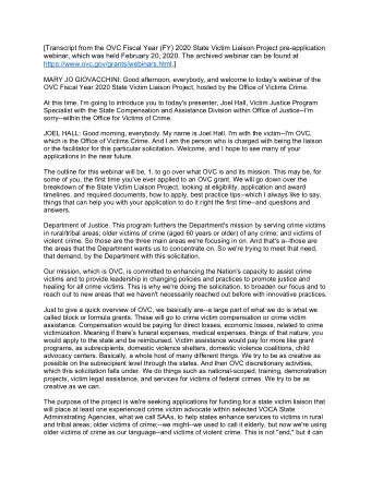 [Transcript from the OVC Fiscal Year (FY) 2020 State Victim Liaison Project pre-application