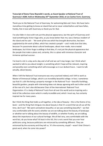 Transcript of Dame Fiona Reynoldss words, as Guest Speaker at National Trust of Guernseys