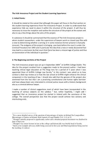 The Irish Innocence Project and the Student Learning Experience:  1: Initial Points:  It should be