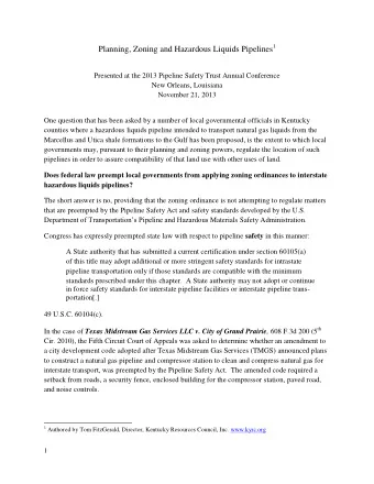 Planning, Zoning and Hazardous Liquids Pipelines 1  Presented at the 2013 Pipeline Safety Trust