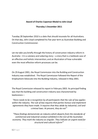 Award of Charles Copeman Medal to John Lloyd  Thursday 1 December 2011  Tuesday 28 September 2010