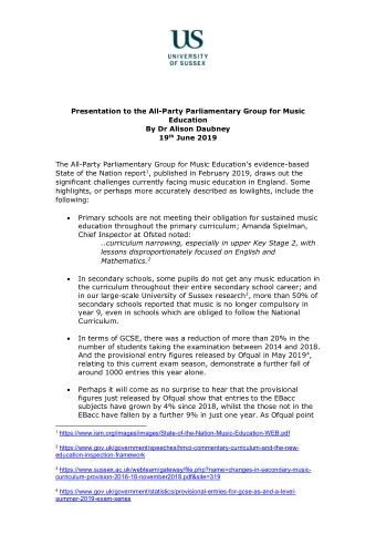 Presentation to the All-Party Parliamentary Group for Music  Education  By Dr Alison Daubney 19 th