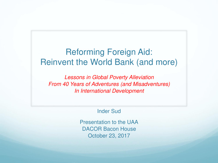reforming foreign aid reinvent the world bank and more