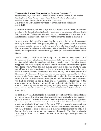 Prospects for Nuclear Disarmament: A Canadian Perspective  By Paul Meyer, Adjunct Professor