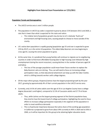 Highlights from External Scan Presentation on 7/21/2011 Population Trends and Demographics:  The