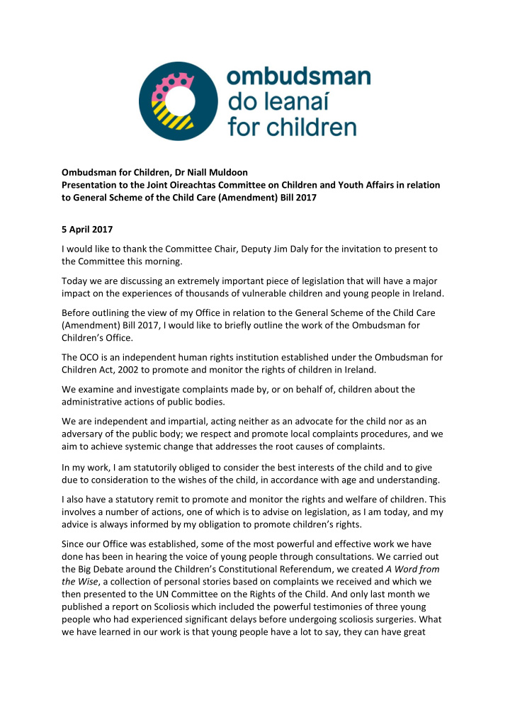 ombudsman for children dr niall muldoon presentation to