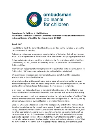 Ombudsman for Children, Dr Niall Muldoon  Presentation to the Joint Oireachtas Committee on