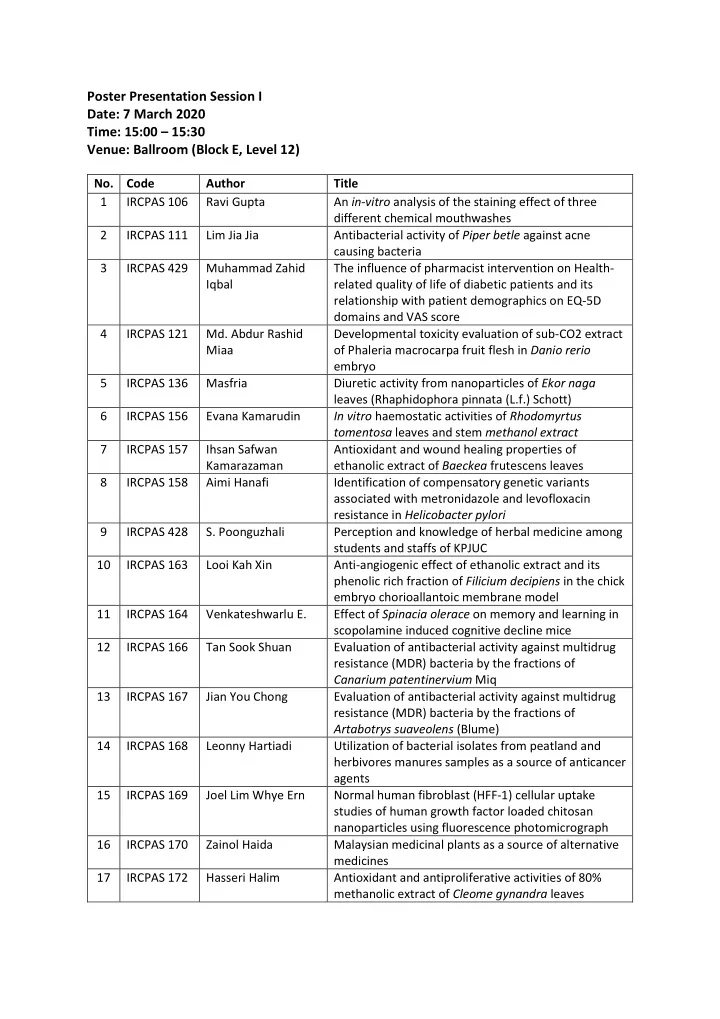 poster presentation session i date 7 march 2020 time 15
