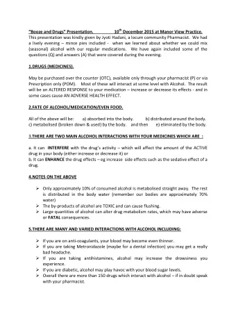 10 th December 2015 at Manor View Practice. Booze and Drugs Presentation.  This presentation