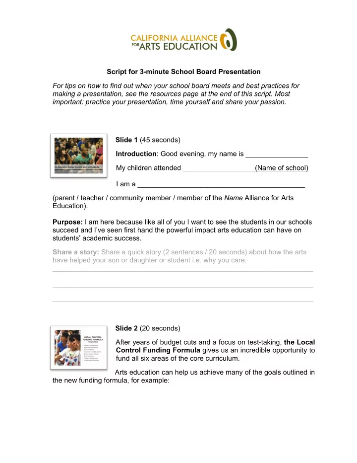 script for 3 minute school board presentation for tips on