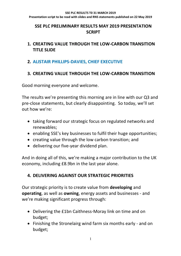 sse plc preliminary results may 2019 presentation script