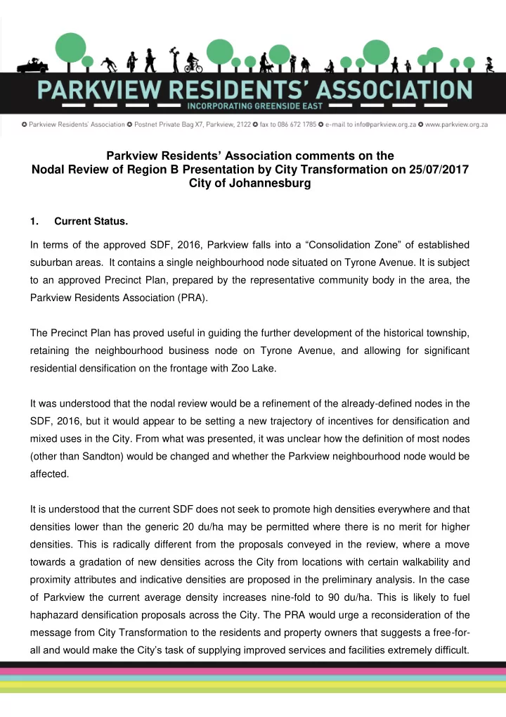 parkview residents association comment s on the nodal