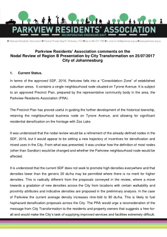 Parkview Residents Association comment s on the  Nodal Review of Region B Presentation by City