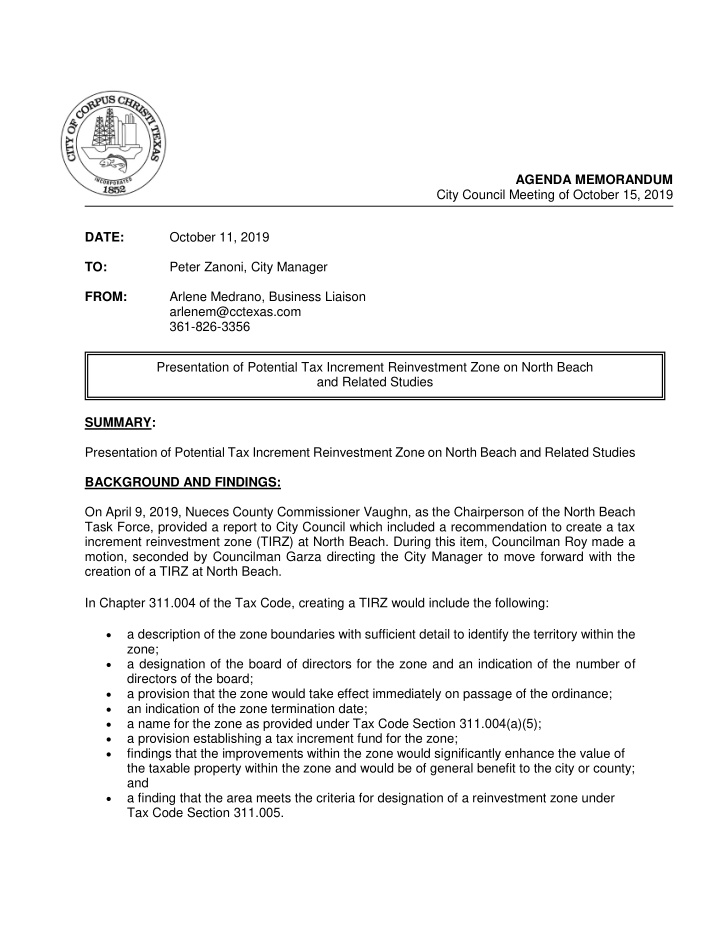 agenda memorandum city council meeting of october 15 2019