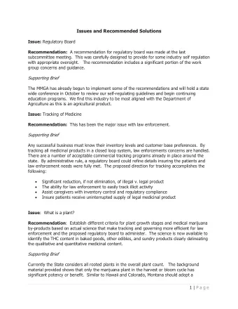 Issues and Recommended Solutions Issue: Regulatory Board Recommendation: A recommendation for