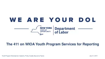 The 411 on WIOA Youth Program Services for Reporting  Youth Program Development, Systems, Policy,