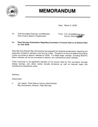 Pima County  Fleet Services  Electrification of County Fleet  March 2, 2020  Pima County has set a